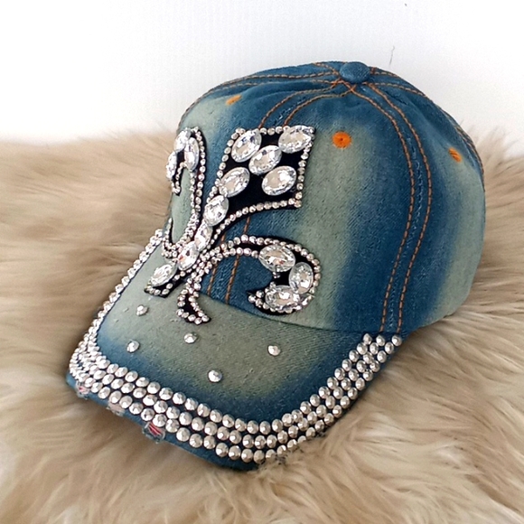 Fleur di Lis Bling 💎 Denim Baseball Cap - Picture 2 of 12